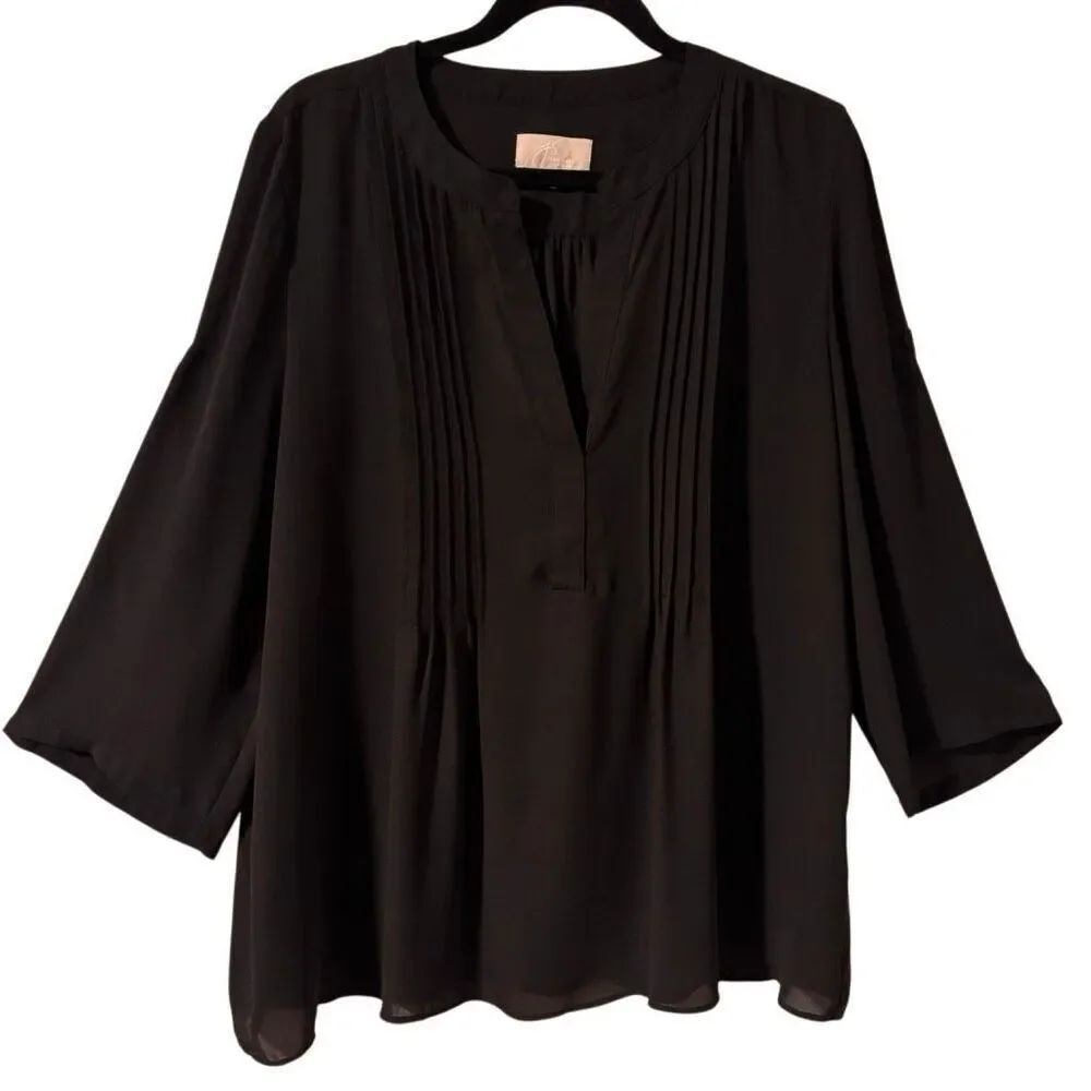 Joan Vass XL black slightly sheer pin tuck roll tab 3/4 sleeve blouse